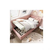 90x200 Kinder-Einzelbett, Schlafsofa mit Stauraum und Lattenrost aus Holz, in Samt, rosa, ohne Matratze