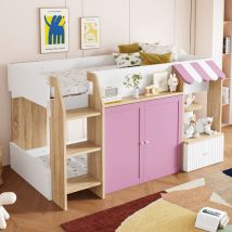 Kinder-etagenbett 90x200 Cm Hausbett Mit Regalen, Staufächern, 2 Türen Und Sicherheitsgeländern, Weiß+rosa