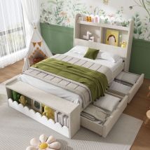 Kinder Holzbett 90 X 200 Cm Mit Zwei Schubladen, Einzelbett Mit Regal Und Bank Mit Stauraum, Weißeiche Und Hell