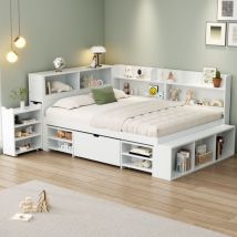 Lit Enfant 140x190 Cm Avec Tiroirs Et Étagères, Grand Espace De Rangement Sommier À Lattes Inclus Blanc (sans Matelas)