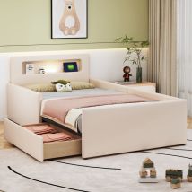 Kinderbett 90×200 Cm, Einzelbett Mit Usb, Nachtlicht Und Aufbewahrungsschublade, Ohne Matratze, Aus Kunstleder, Beige