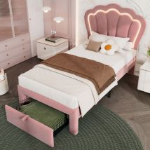 Kinderbett 90×200 Cm, Einzelbett Mit Verstellbarer Led, 1 Schublade Und Verstellbarem Kopfteil, Ohne Matratze, Aus Samt, Rosa