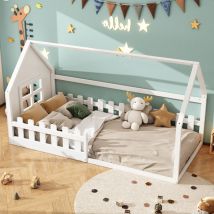 Kinderbett 90x200 Cm Aus Kiefer Und Mdf, Hausform Weiß, Spielerisches Und Robustes Design