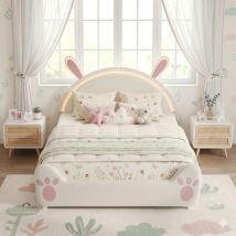 Kinderbett 140x200 Cm Mit Hasen-kopfteil, Einzelbett Mit Led-beleuchtung Und Lattenrost, Polsterbett-design Für Mädchen - Rosa