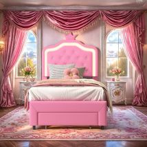 Kinderbett 90x200 Mit Led Und Schublade, Höhenverstellbarem Kopfteil, Weichem Pu-bezug, Mädchenbett Prinzessinnenbett,rosa