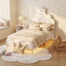 Kinderbett 90x190 Cm, Einzelbett Mit Led-beleuchtung Und Verstellbarem Kopfteil, Prinzessin Wolken-design, Mit Lattenrost, Weiß