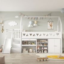 Abrihome - Kinderbett, Einzelbett, multifunktionales Kinderbett ,mit Rutsche und Treppen, mit Schubladen und Schließfach,mit magnetischer Tür,ohne