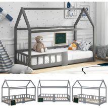 Abrihome - Kinderbett Hausbett 90 x 200 cm, Holzbett f ̈¹r Kids, inkl.TafelLattenrostenRausfallschutz, aus Kiefernholz, f ̈¹r Kinder,Grau (ohne
