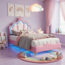 Kinderbett Polsterbett 90x200 Cm,einzelbett 90x200cm Mit Höhenverstellbares Prinzessinnenkronen-kopfteil Und Led, Lattenrost, Jugendbett 