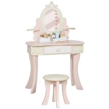 Kinderschminktisch Mit Stuhl, Schublade Und Abnehmbarem Spiegel, 2-in-1 Kinderschreibtisch Mit 7 Zubehörteilen, Mdf, Rosa