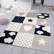 Vimoda - Kinderteppich Teppich Kinderzimmer Babyteppich mit Herz Stern Wolke Blau Beige Creme,160x230 cm