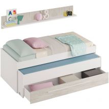 Einzelbett Sunnyvale, Bettrahmen für Schlafzimmer, Einzelbett mit ausziehbarem Kinderbett und passender Kommode und Regal, cm 199x96h65, Weiß