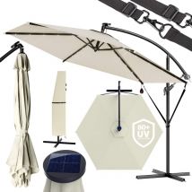 KINGSLEEVE Sombrilla de Jardín Parasol 300cm Manivela 24 Luces LED Protección UV80+ Seguro Antiviento Funda Protectora Crema