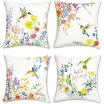 Kissenbezug Mit Frühlingsblumenmotiv, 45 X 45 Cm, Kolibris, Bunte Blumen, Dekorativer Kissenbezug Für Sofa, Wohnzimmer, Schlafzimmer, Stuhl, Garten, 