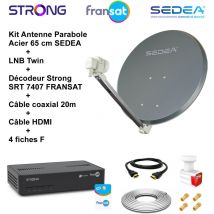 M-e - Kit Parabole Acier 65 cm Anthracite + lnb Twin 0,1 dB hd + 2 Décodeurs Strong srt 7407 + Câble coaxial 20m + Câble hdmi + 4 fiches f