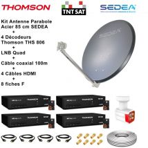 Kit Parabole Acier 80 cm Anthracite + LNB Quad HD 4K + 4 Décodeurs THOMSON TNTSAT + Câble coax 100m + 4 Câbles HDMI + 8 Fiches F