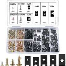 Kit Assortiment 180 Vis et d'Ecrous Clips en U pour Automobile, comprenant 90 Vis de Carrosserie pour Ailes de Voitures, 90 écrous à Clip de Fixation