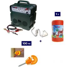 Kit Complet Clôture Électrique: 1 x Electrificateur B12 Double Alimentation 12 V / 220 V + 1x Fil 500 MT 4 Mm² + 100 pcs Isolateur pour Piquets en