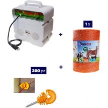 Gemi Elettronica - Kit Complet pour Clôture Électrique : 1 x Electrificateur 220V + 1 x Fil 1000 mt 4 Mm² + 200 pcs Isolateur pour Piquets en Bois