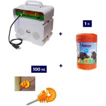 Gemi Elettronica - Kit Complet pour Clôture Électrique : 1 x Electrificateur 220V + 1 x Fil 500 mt 6 Mm² + 100 pcs Isolateur pour Piquets en Bois