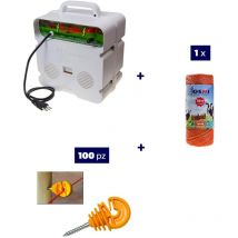 Gemi Elettronica - Kit Complet pour Clôture Électrique : 1 x Electrificateur 220V + 1x Fil 250 mt 2,2 Mm² + 100 pcs Isolateur pour Piquets en Bois