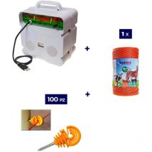 Kit completo per recinto elettrico con 1 x Elettrificatore 220V + 1 x Filo 500 mt 4 Mm² + 100 pezzi isolatori per paletti in legno - Recinzione