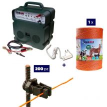 Kit completo per recinto elettrico con 1 x Elettrificatore B12 a doppia alimentazione 12 v / 220 v + 1 x Filo 1000 mt 4 Mm² + 200 pezzi isolatori per