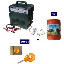Kit completo per recinto elettrico con 1 x Elettrificatore B12 a doppia alimentazione 12 V / 220 V + 1 x Filo 1000 MT 6 Mm² + 200 pezzi isolatori per