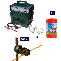 Kit completo per recinto elettrico con 1 x Elettrificatore B12 a doppia alimentazione 12 v / 220 v + 1 x Filo 500 mt 4 Mm² + 100 pezzi isolatori per