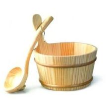 Desineo – Kit de 3 accesorios para sauna: cubo de madera, cucharón, reloj de arena – 4L, 30cm, 5 minutos