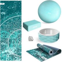 Fitfiu Fitness - Kit 5 Yoga- und Pilates-Zubehör KITWELL-500 blau, Yogamatte, Yogablock und -rad, Fitball, Übungsgurt, Anfänger und ansteigende