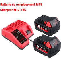 Pdstation - Kit de batterie et chargeur 2×18V 8.0Ah de remplacement pour batterie Milwaukee M-18 Lithium-ion compatible avec les outils électriques
