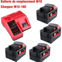 Kit de batterie et chargeur 4×18V 9.0Ah de remplacement pour batterie Milwaukee M-18 Lithium-ion compatible avec les outils électriques sans fil
