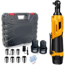 Kit de clés à chocs électriques sans fil à cliquet droit 3/8'' 90 degrés 420 Nm, 2 batteries 3000 mAh + chargeur, 7 douilles, mallette de transport,