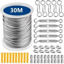 Cyslmuk - Kit de corde de 30 m, câble en acier inoxydable, câble métallique, câble en acier inoxydable avec tendeur et crochet de suspension léger,