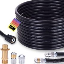 Kit de Tuyau de Nettoyage 15 m, 200 Bar avec Adaptateur M22, Buses rigides + rotatives pour Nettoyeur Haute Pression K2, K3, K4, K5, K6, K7 - Kit