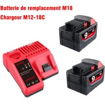 Pdstation - Kit de remplacement de batterie et chargeur 2×18V 9.0Ah pour batterie Milwaukee M-18 Lithium-ion compatible avec les outils électriques