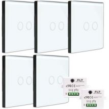 Kit interrupteur sans fil tactile prêt à poser - 5 interrupteurs DOUBLE ALLUMAGE sans fil silencieux + 2 mini module radio encastrable