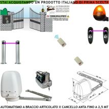 Kit Motore a Braccio Articolato 220/24 v Cancello Automatico Anta da 0,5 a 2,5 mt Centrale 2 Radiocomandi Faro Selettore 2 Paline 2 Fotocellule
