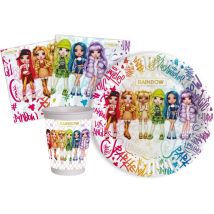 Kit Party Tavola Rainbow High Per 8 Persone (36 Pezzi: 8 Piatti Ø18cm, 8 Bicchieri 200ml, 20 Tovaglioli 33x33cm) In Carta Compostabile Eco-friendly