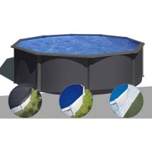 GRE - Kit piscine acier gris anthracite Gré Louko ronde 4,80 x 1,22 m + Bâche d'hivernage + Bâche à bulles + Tapis de sol