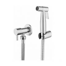 Kit pistola a spruzzo per wc, booster di scarico wc senza foratura in acciaio inossidabile 304 con tubi flessibili G1/2' e valvola a t, argento