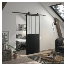 Kit porte coulissante ATELIER NOIR + rail apparent acier noir - verre dépoli - 204 x 73 cm
