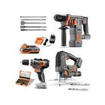 Fuxtec - Pack d'outils 20V sans fil scie sauteuse, visseuse sans fil et marteau perforateur, avec batteries et chargeur