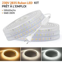 Digilamp - Kit Ruban led 220v 10M blanc froid 6000K étanche IP67 avec fixations fournies, intérieur et extérieur