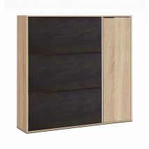 Scarpiera, Armadio portascarpe a 4 ante, Mobile basso multiuso con 5 ripiani, Scarpiera moderna, cm 106x22h115, Rovere e Nero