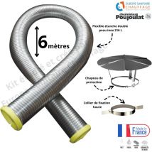 Kit tubage flexible double peau inox diamètre 100 + collier de fixation haute + chapeau Poujoulat Longueur du conduit 6 mètres