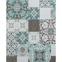 Edem - Kitchen bathroom wallpaper wall 87001BR15 vinyl wallpaper slightly textured with tile pattern and metallic highlights turquoise grey beige