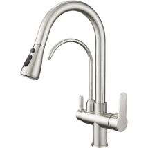 Kitchen faucet with water filter and pull-down sprayer, kitchen sink faucet, 3 functions, waterless filtration, brushed