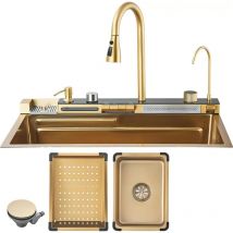 Suguword - Kitchen Sink Stainless Steel 201 Golden Brushed,With Extractable Faucet,Pure Water Faucet,Single Large Slot,Integrated Digital Display